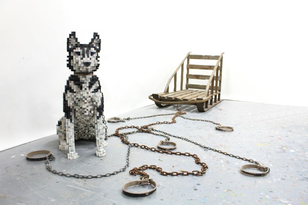Weight of
Woes (2018) alternate view Dimensions variable. Wood, ink, acrylic
paint, found chains and dog collars